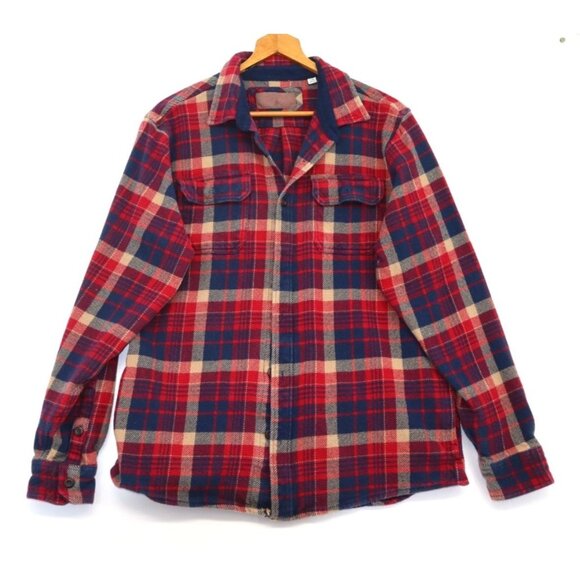 Orvis Red & Navy Large Plaid Flannel Button-Up Shirt Dual  Chest Side Pockets - Picture 1 of 13